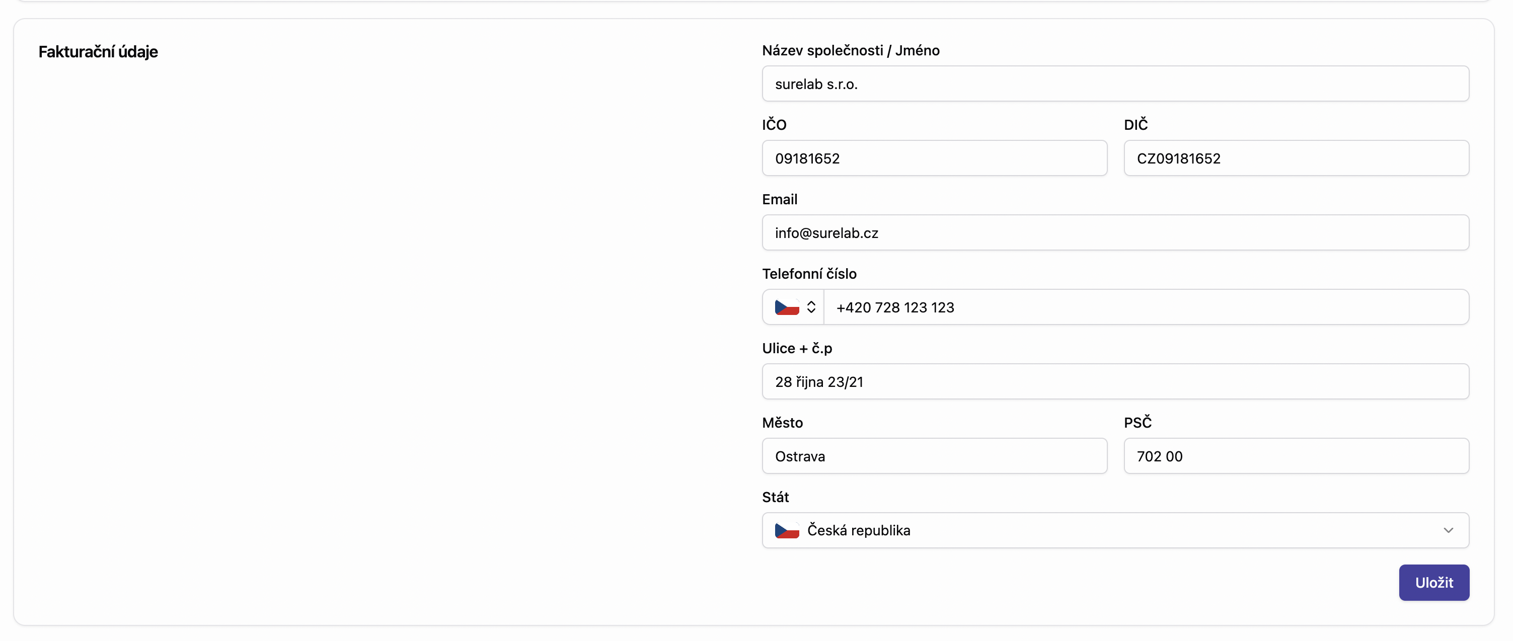 Nastavení fakturace - fakturační údaje
