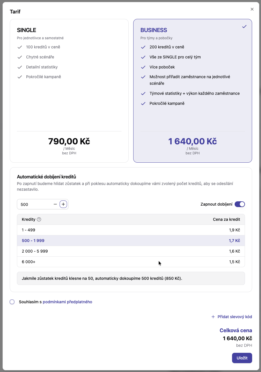 Nastavení fakturace - změna tarifu