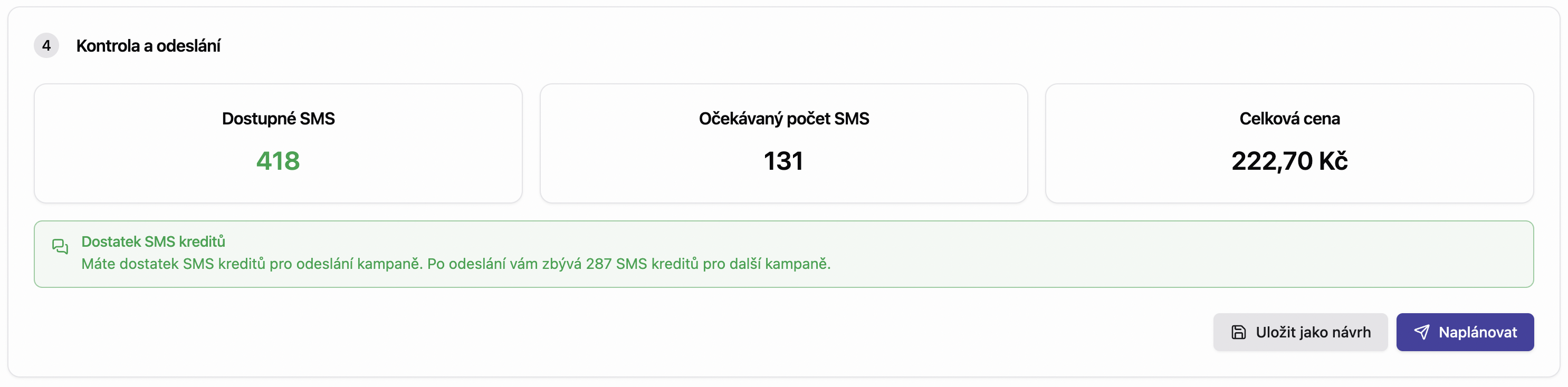 Nová kampaň - kontrola a odeslání